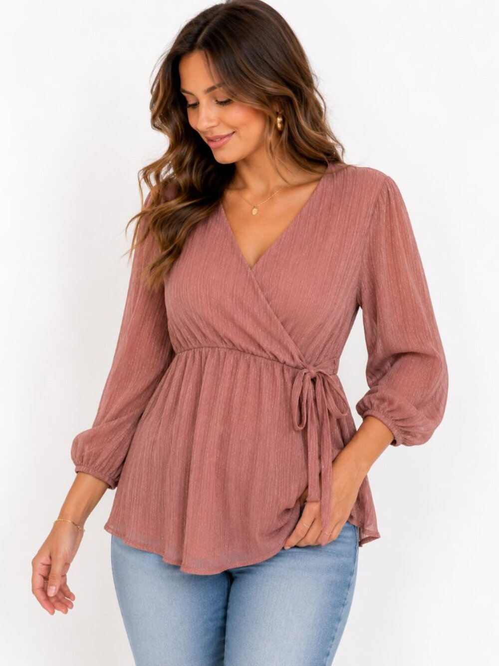 Sirenlily Maternity Dusty Rose Wrap Top NWT Size M Lightweight Shimmer Blouse